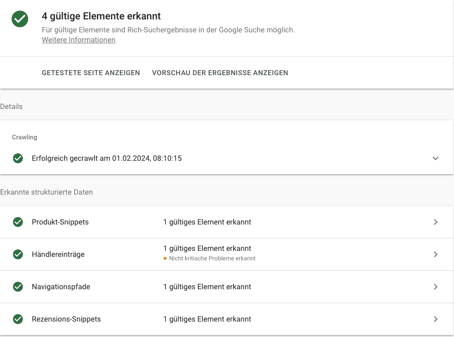 Auszug aus dem Rich Snippet Testing Tool für strukturierte Daten des Typs Product