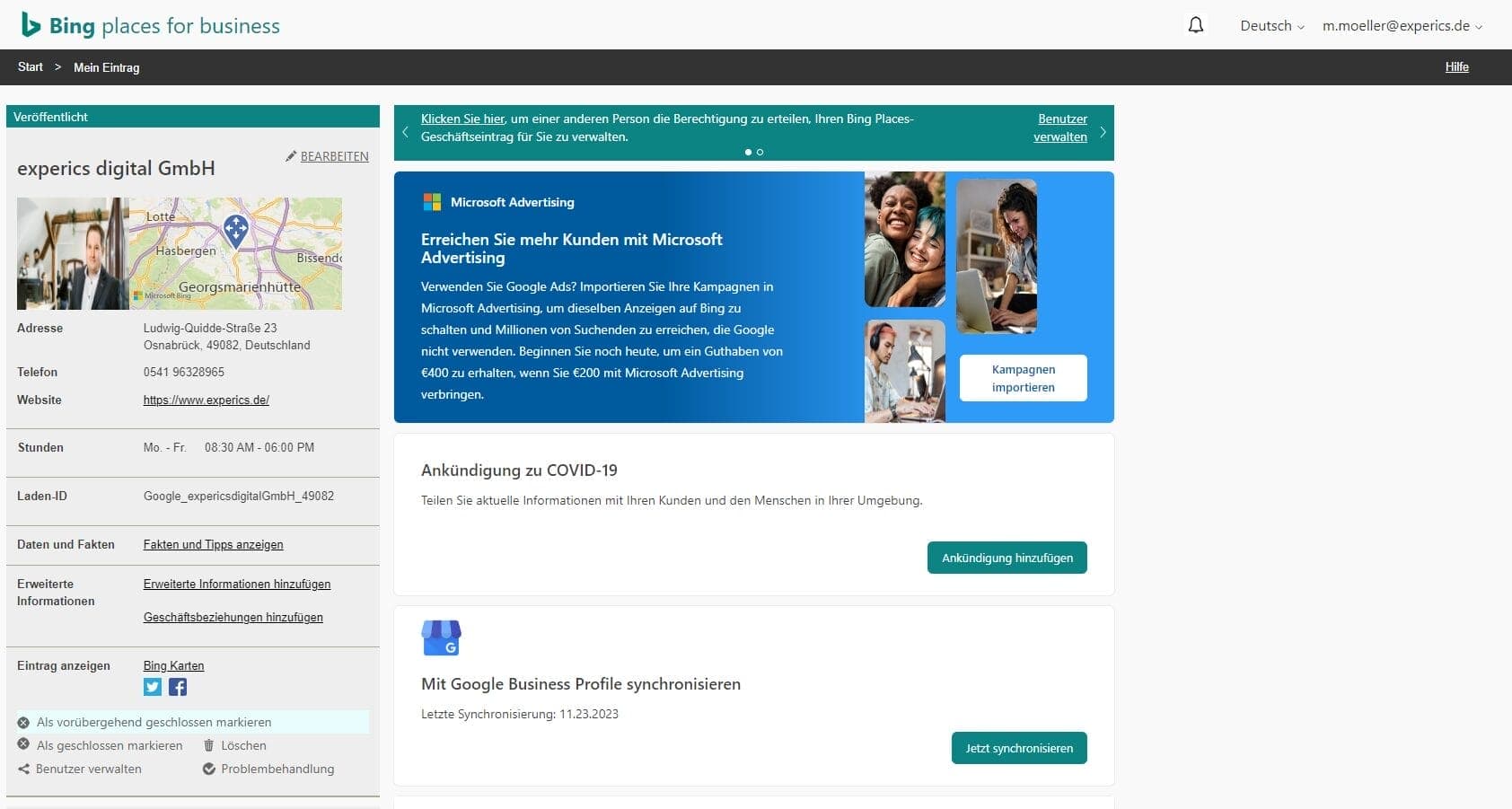 Google Unternehmensprofil mit Bing Places for Business synchronisieren