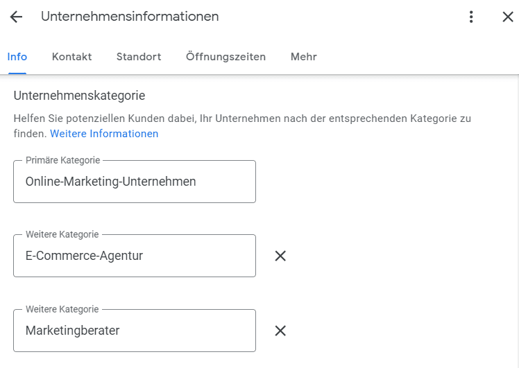 Google Unternehmensprofil: Die Auswahl der Kategorie