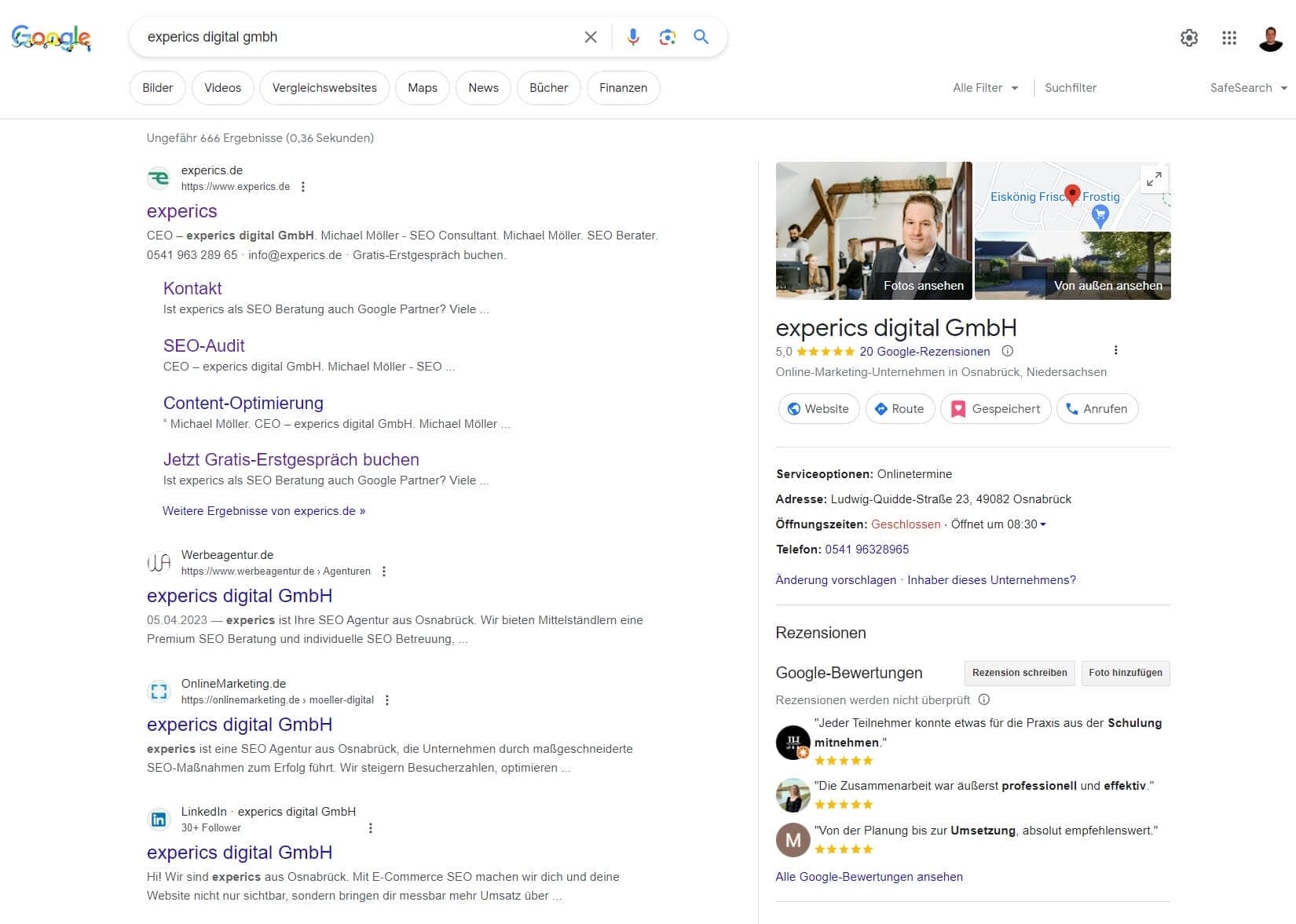 Google Unternehmensprofil - Beispiel experics