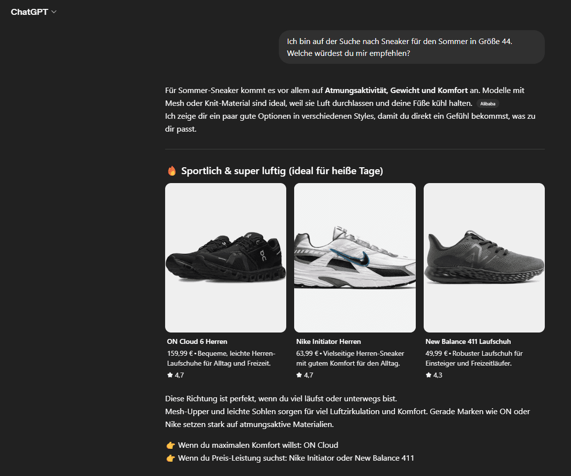 ChatGPT-Beispiel: Produktempfehlungen — die neue Art der Online-Suche.
