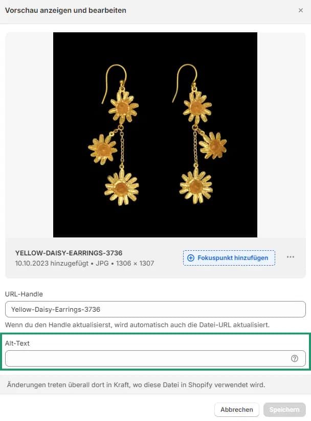 Screenshot aus dem Shopify-Backend: Im Dialog „Vorschau anzeigen und bearbeiten“ wird eine Produktdatei mit Alt-Text-Eingabefeld angezeigt.