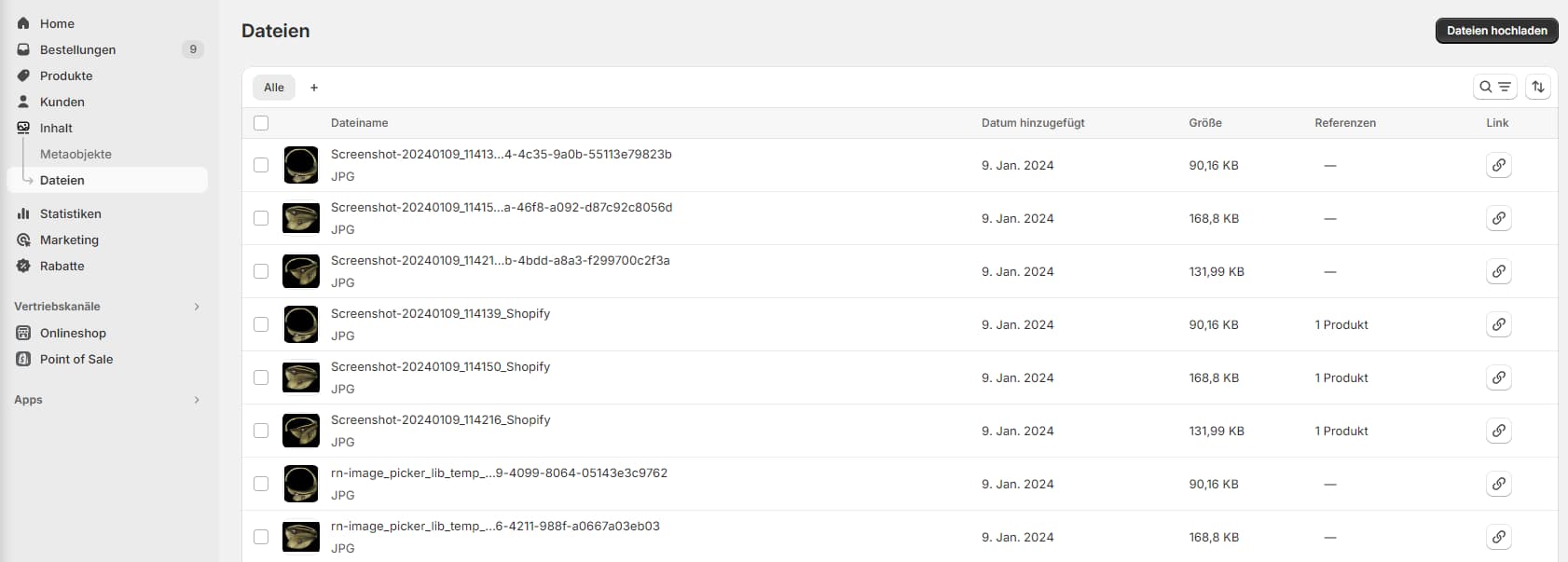 Screenshot aus dem Shopify-Backend: Im Bereich „Inhalt“ → „Dateien“ werden alle hochgeladenen Bilder mit Dateiname, Datum, Größe, Referenzen und Link aufgelistet.