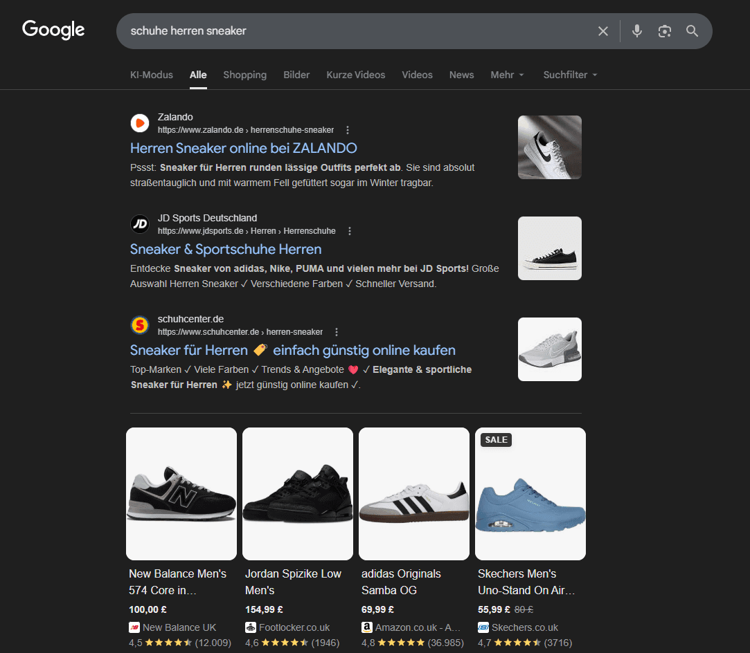 Google-Suchergebnisse für Sneaker mit organischen Ergebnissen und Product Grids.