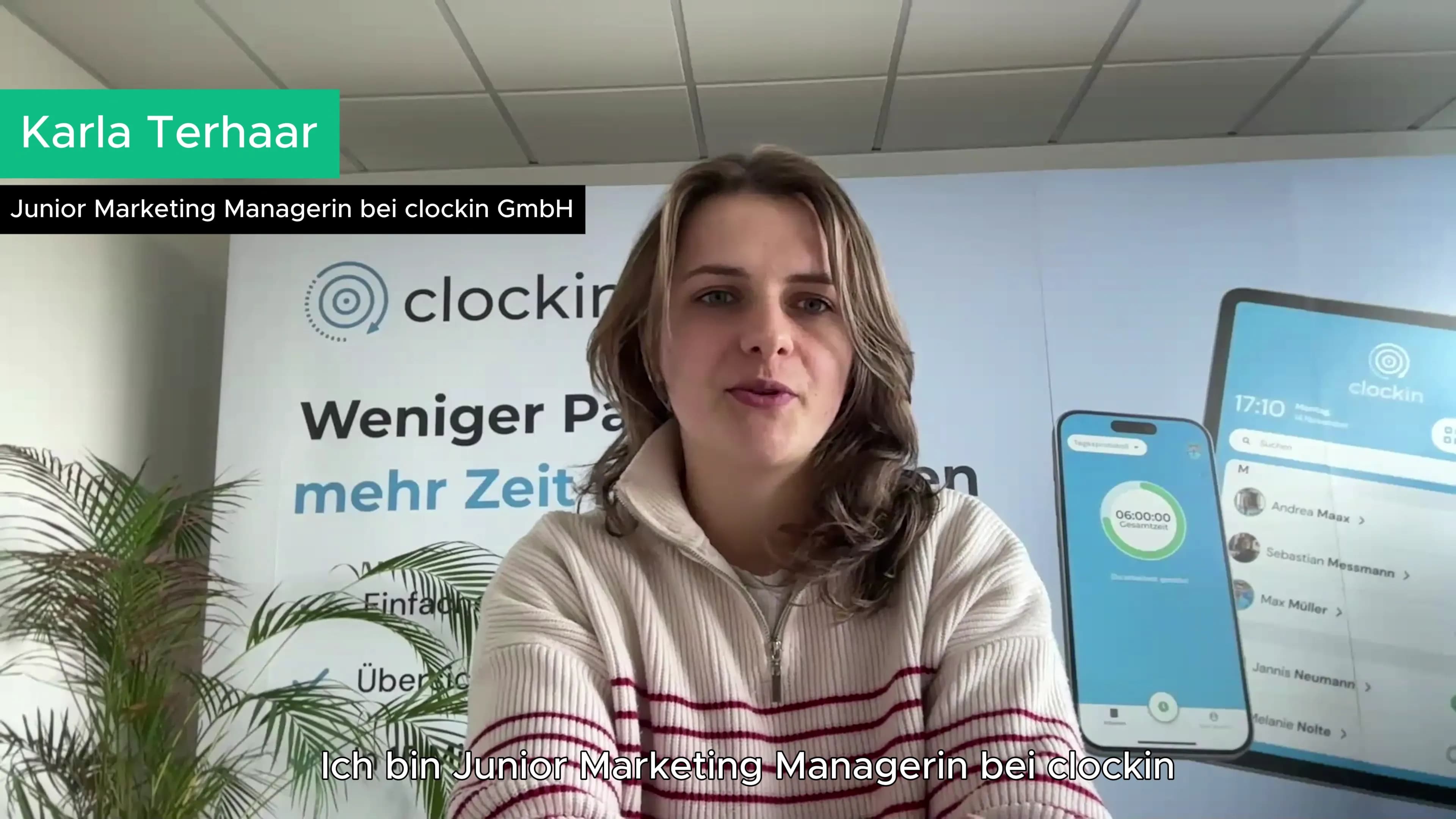 Karla Terhaar, Junior-Marketingmanagerin clockin, im Video-Testimonial