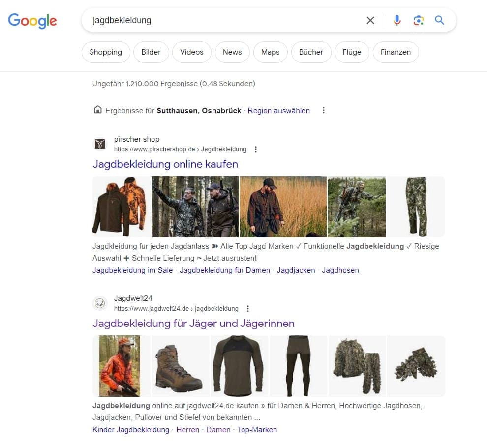 Dank Bilder-SEO kann „Jagdwelt24“ seine Produkte erfolgreich in der allgemeinen Suche präsentieren und so noch mehr Besucher in den Online-Shop locken.