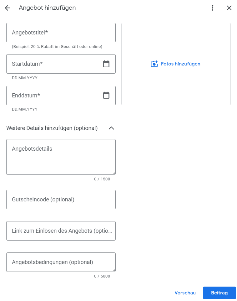 Angebote hinzufügen im Google Unternehmensprofil