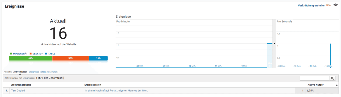 Auswertung in der Echtzeit-Ansicht von Google Analytics