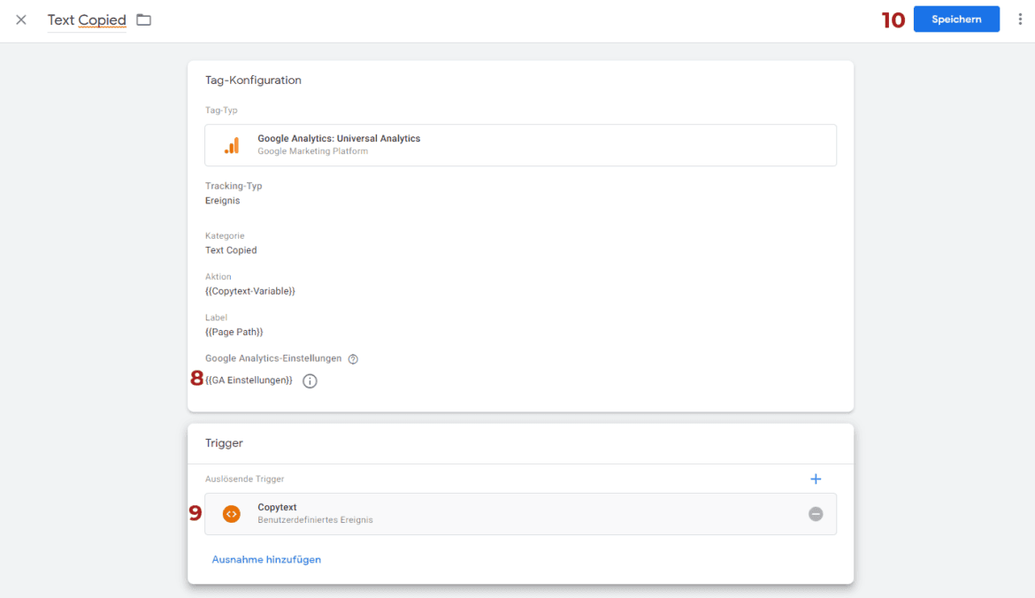 GTM Tutorial Schritt 3: Tag „Text Copied" konfigurieren — weitere Einstellungen