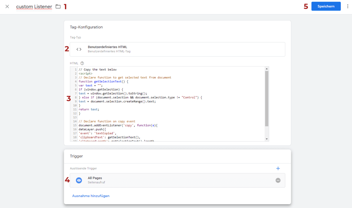 GTM Tutorial Schritt 4: Custom Listener Tag konfigurieren