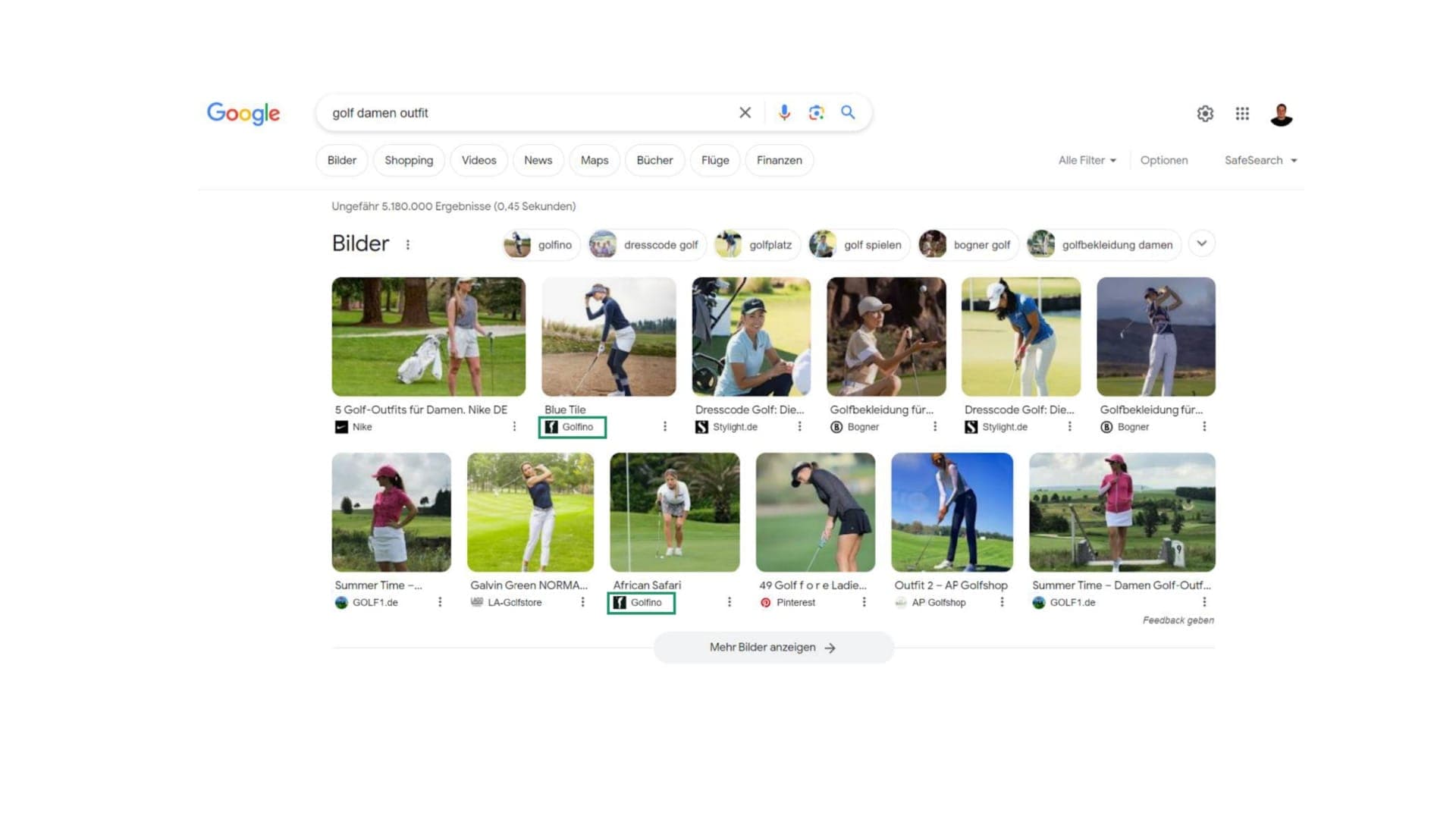 Unser Kunde „GOLFINO“ profitiert ebenfalls von der Optimierung für Vertical Search.